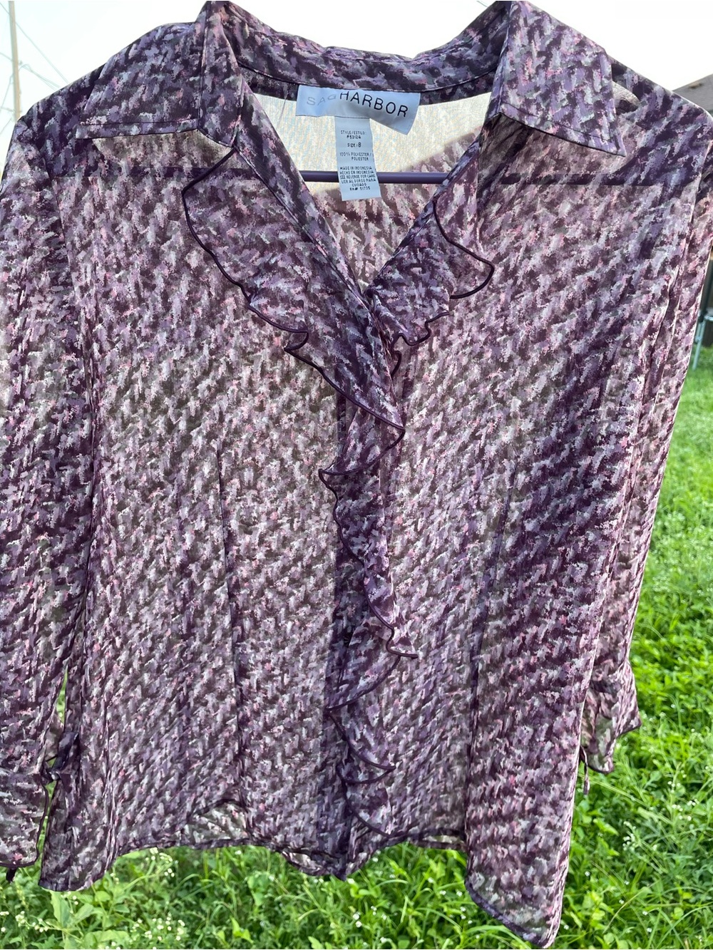 Woman’s vintage Sag Harbor ruffled sheer purple button up top